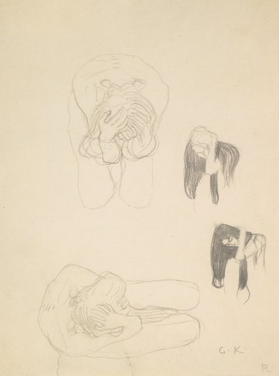 Zwei kauernde Akte und zwei Profilstudien nach links von Gustav Klimt